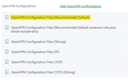 Downloading OpenVPN configuration files from Private Internet Access.