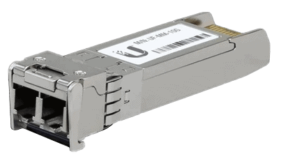 An SFP+ adapter module for fiber optic cables.