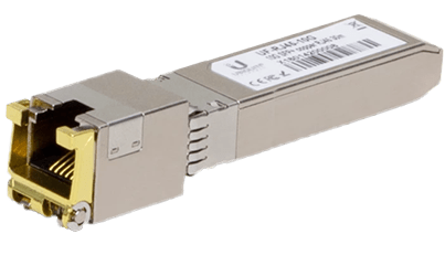 An SFP+ adapter module for twisted pair cable.